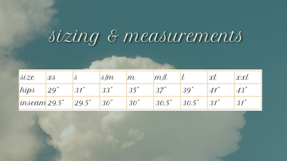 Measurement chart for clothing sizes with a cloud background